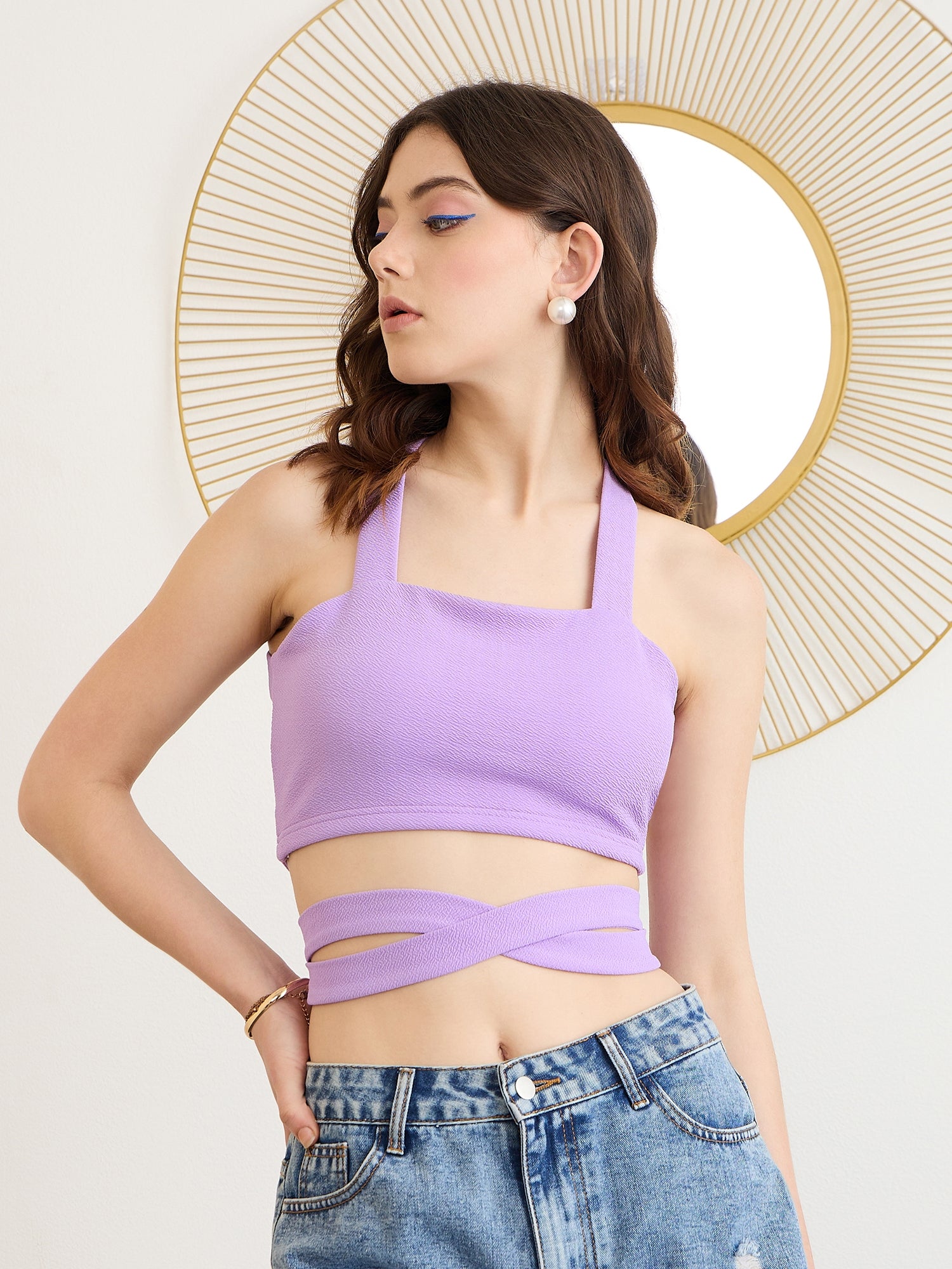 BASICS Purple Solid Shoulder Straps Styled Back Crop Top – Berrylush