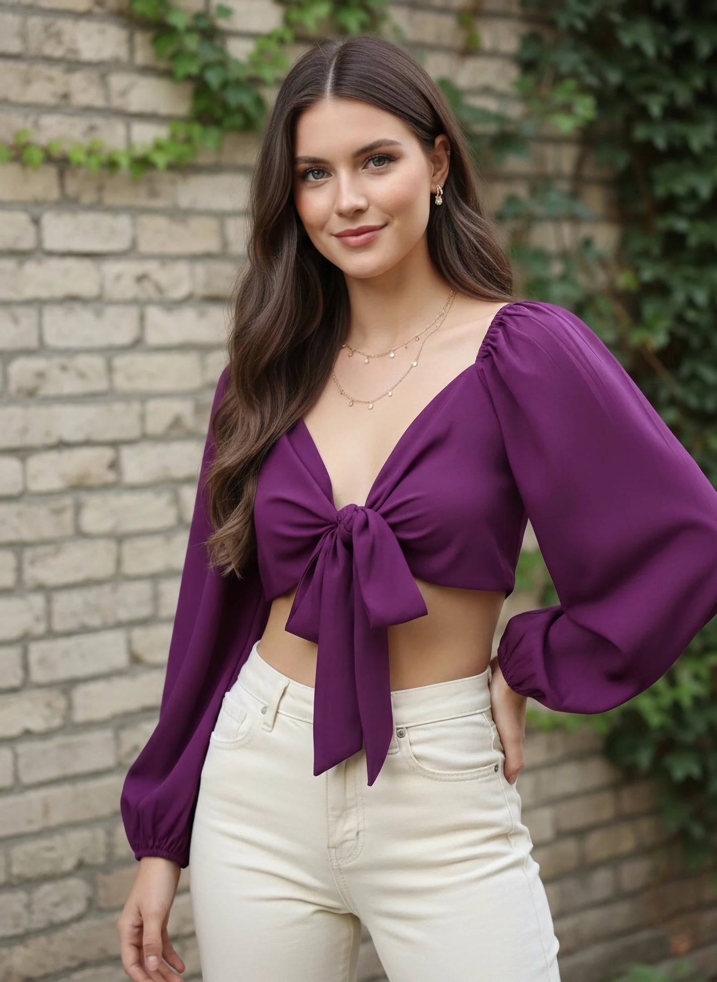 Berrylush Women Solid Purple V-Neck Front Tie-Up Cropped Top