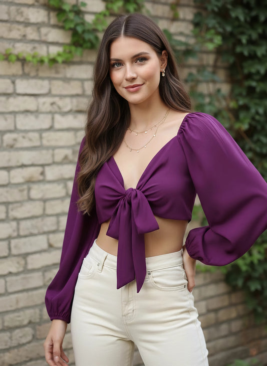 Berrylush Women Solid Purple V-Neck Front Tie-Up Cropped Top