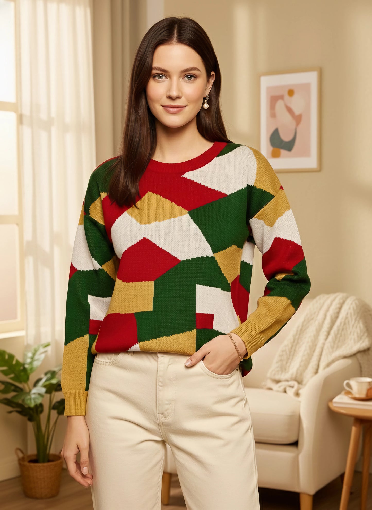 Berrylush Women Multicolour Geometrical Printed Round Neck Drop-Shoulder Sleeves Acrylic Ribbed Hem Regular Pullover
