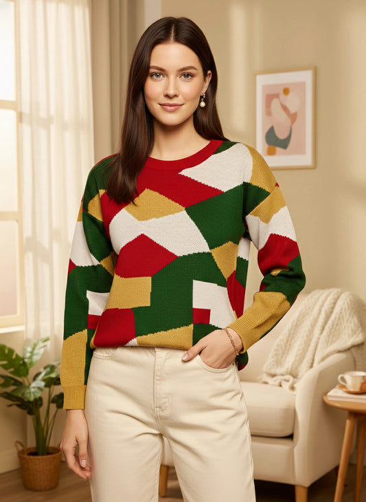 Berrylush Women Multicolour Geometrical Printed Round Neck Drop-Shoulder Sleeves Acrylic Ribbed Hem Regular Pullover
