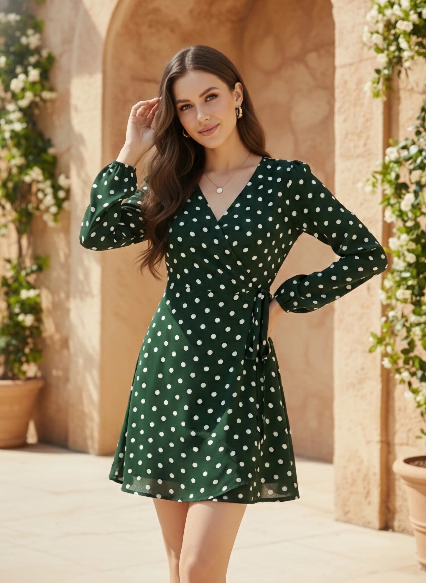 Berrylush Women Green Polka Dot Printed V-Neck Waist Tie-Up Fit & Flare Wrap Mini Dress