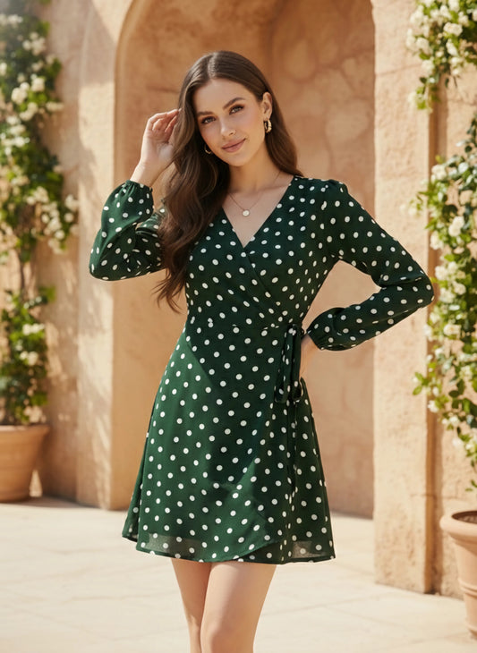 Berrylush Women Green Polka Dot Printed V-Neck Waist Tie-Up Fit & Flare Wrap Mini Dress