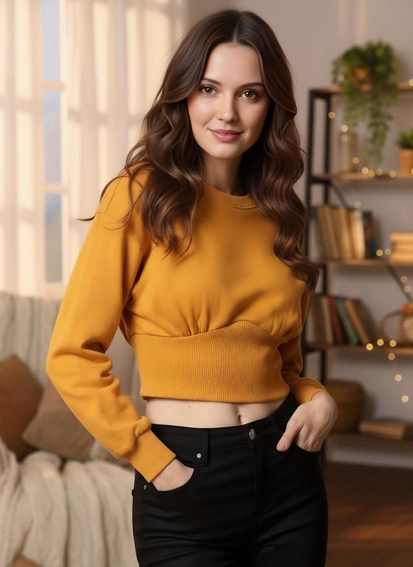 Berrylush Women Solid Yellow Round Neck Straight Hem Crop Pullover Sweatshirt