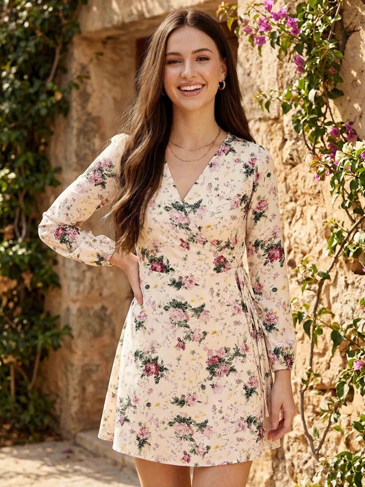 Berrylush Women Beige Floral Printed V-Neck Waist Tie-Up Flared Wrap Mini Dress
