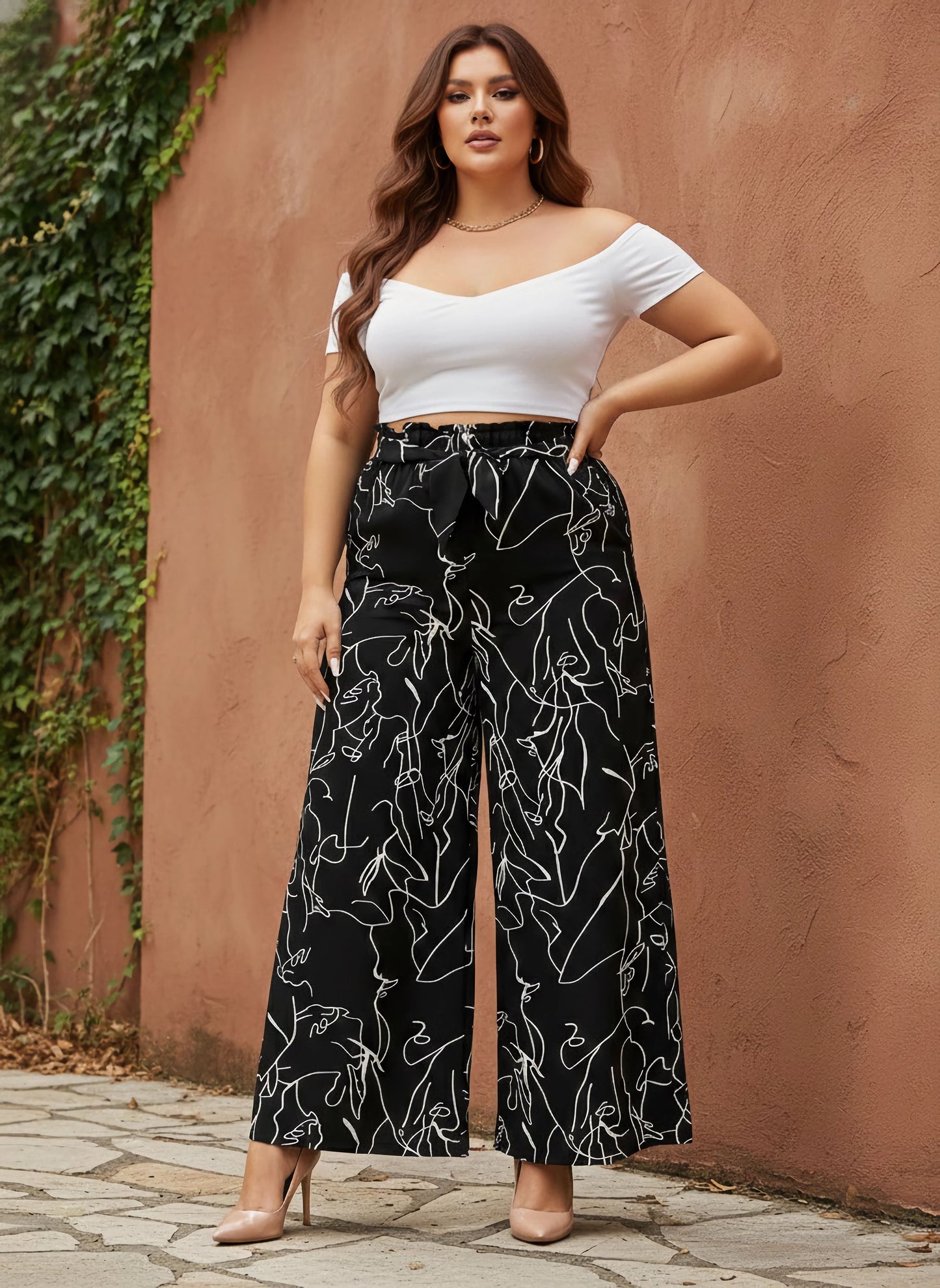 Berrylush Curve Women Black & White Abstract Printed High-Rise Tie-Up Waist Slip-On Flared Regular Trousers