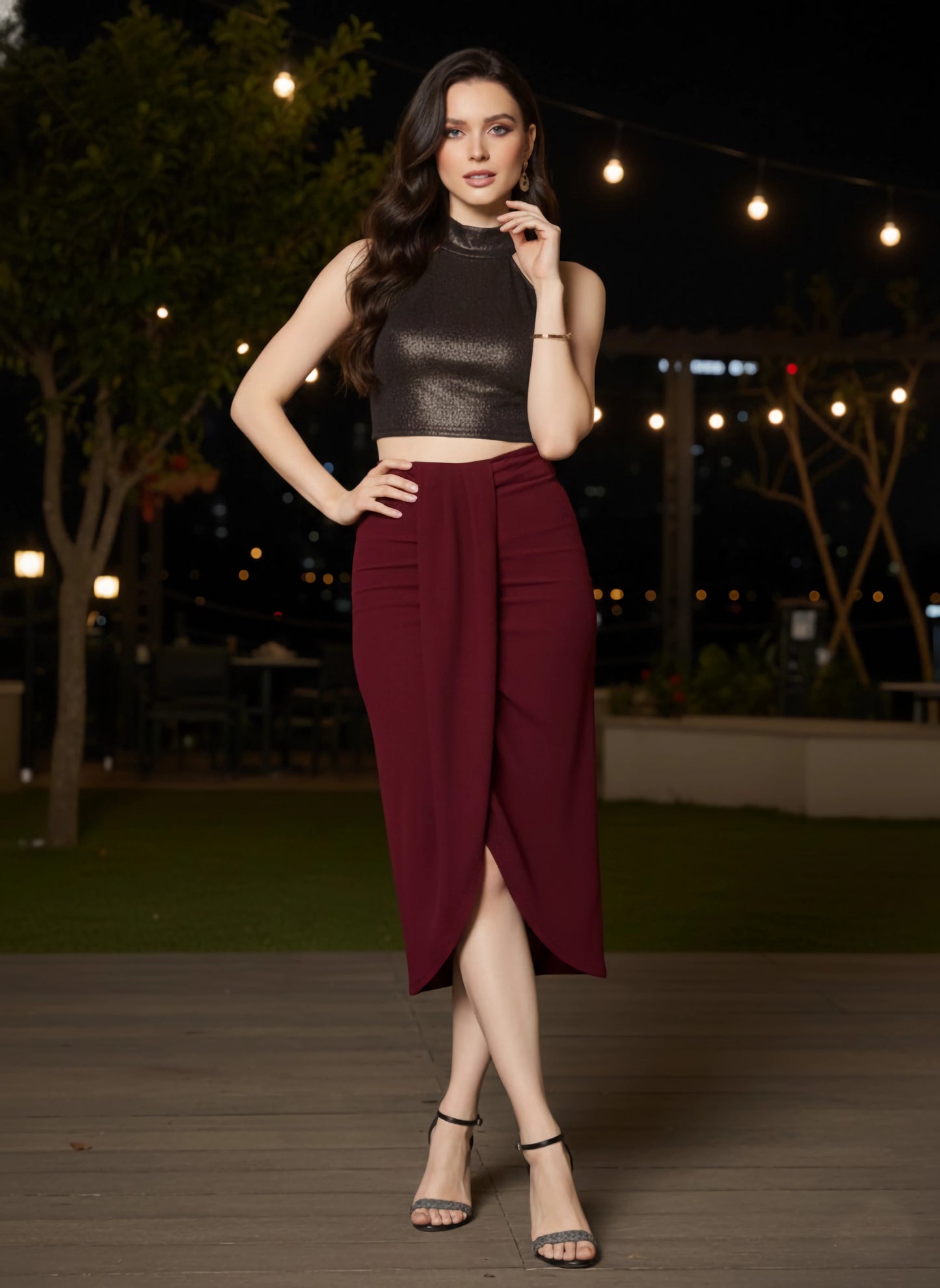 Berrylush Women Solid Maroon High-Rise Waist Zipper-Up Tulip Hem Pleated Midi Skirt