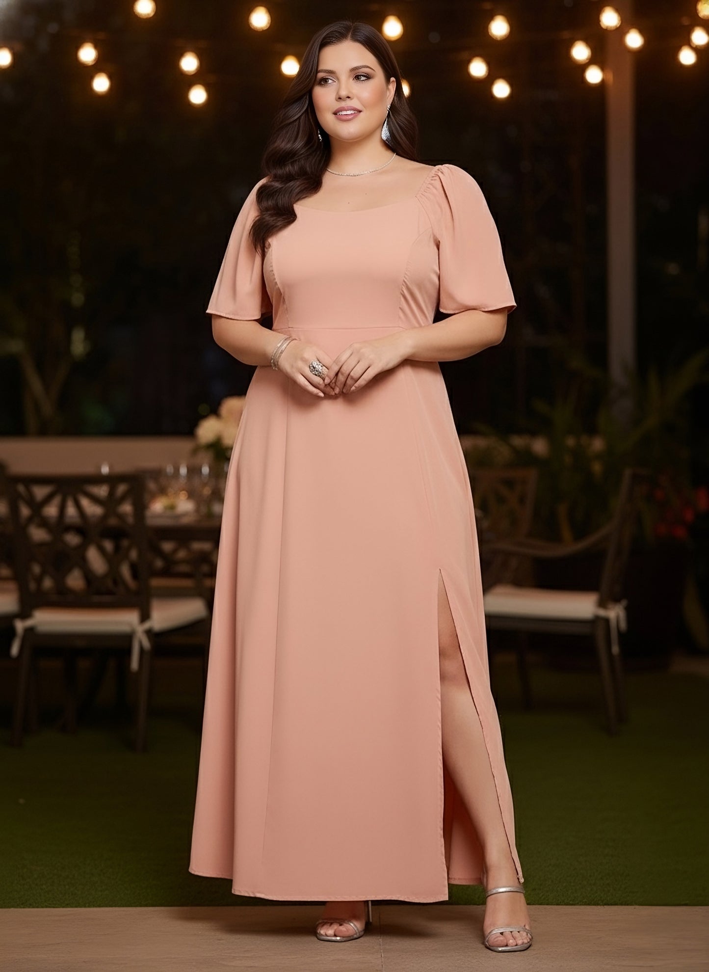 Berrylush Curve Women Solid Pink Square Neck Puff Sleeves Thigh-High Slit Flared Maxi Dress