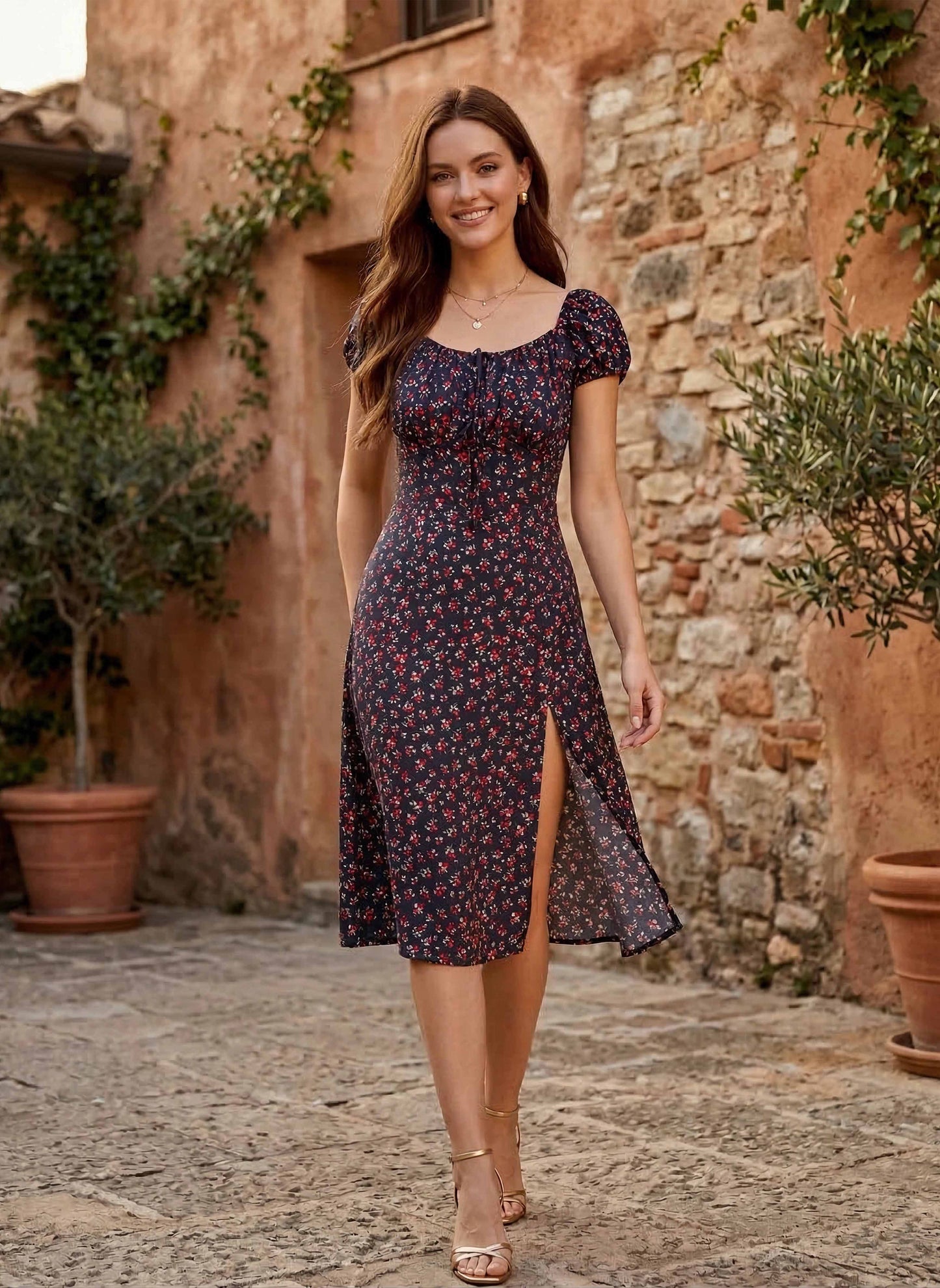 Berrylush Women Navy Blue Ditsy Floral Printed A-Line Flared Midi Dress