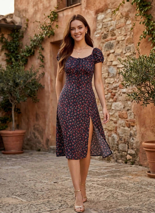 Berrylush Women Navy Blue Ditsy Floral Printed A-Line Flared Midi Dress