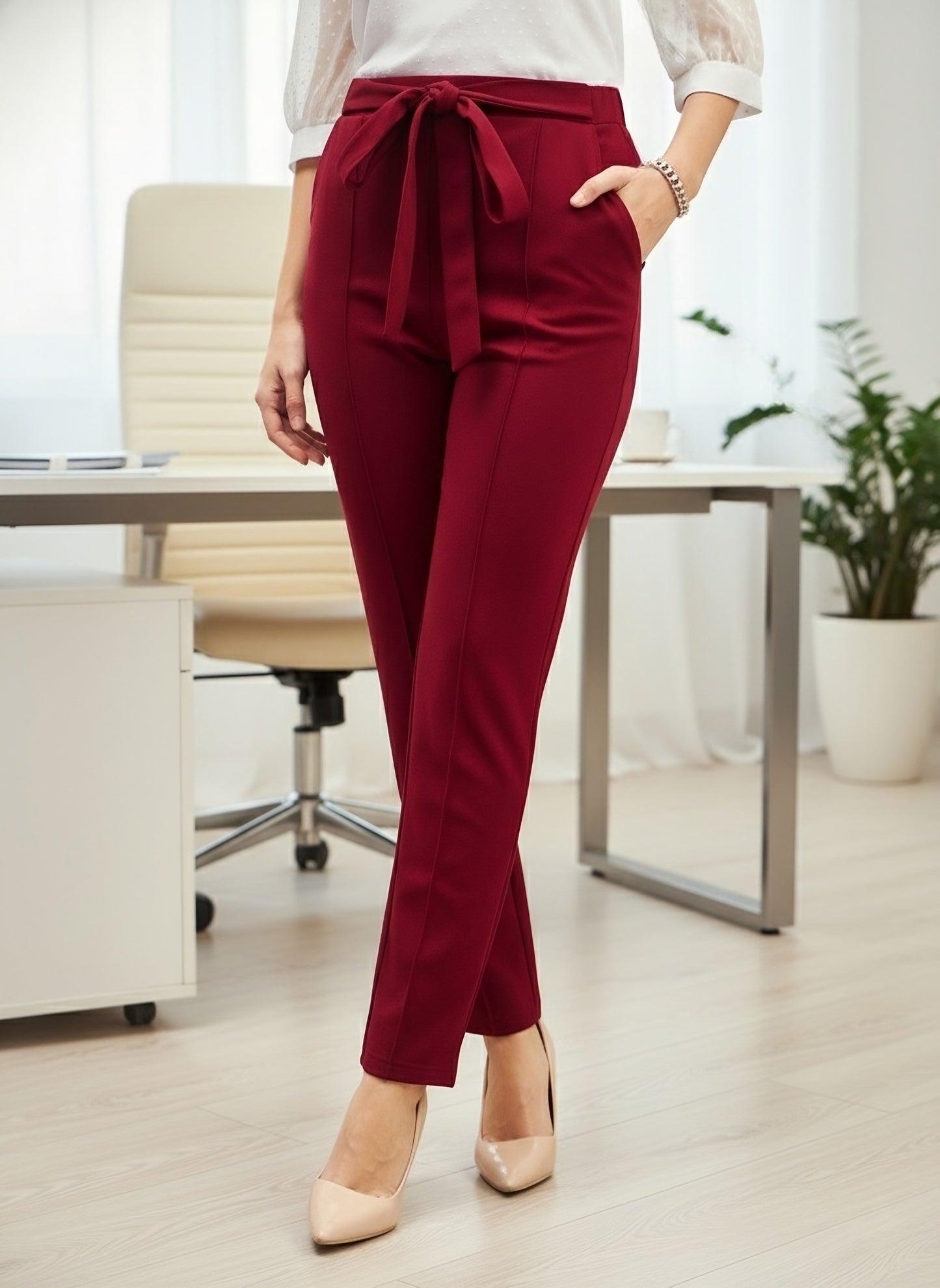 Berrylush BIZwear Women Solid Maroon High-Rise Waist Tie-Up Skinny-Fit Two-Pocket Knitted Regular Pants