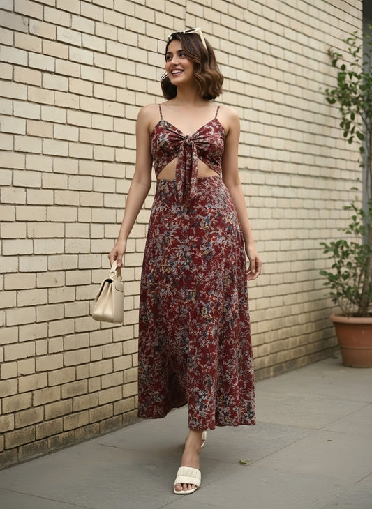 Berrylush Women Maroon & Off-White Floral Printed V-Neck Tie-Up Front Flared Maxi Dress