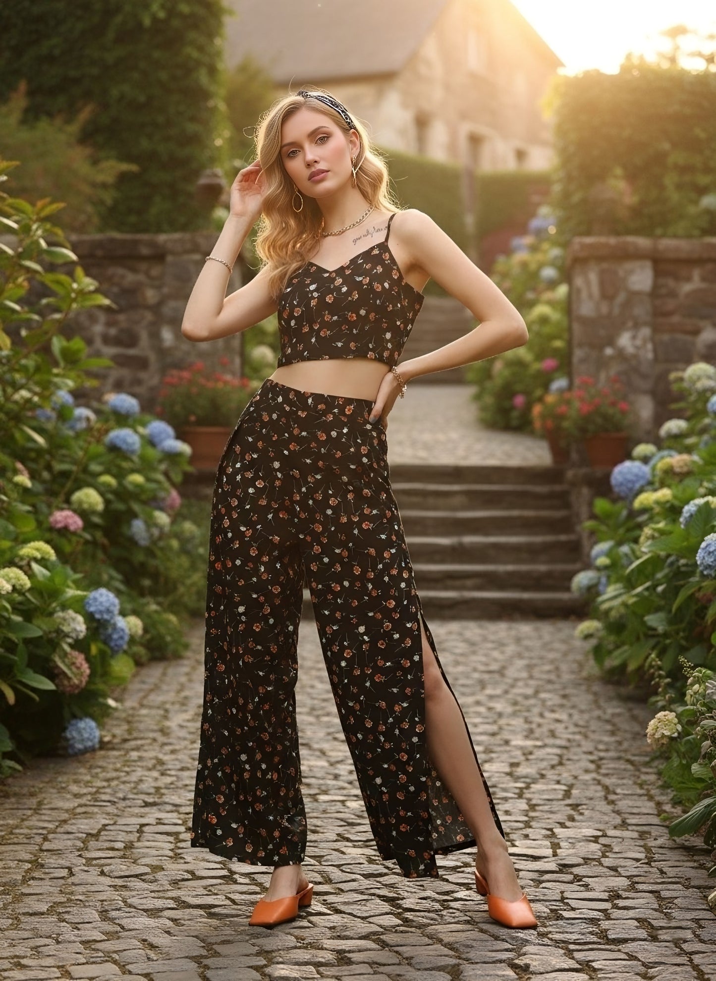 Berrylush Women Black & Orange Floral Printed V-Neck Crop Top & Side-Slit Trousers Co-Ord Set