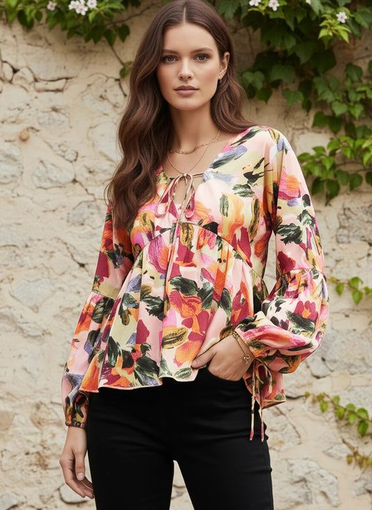 Berrylush Women Pink & Multicolour Abstract Printed V-Neck Bishop Sleeves Front Tie-Up Ruffled Regular Peplum Top