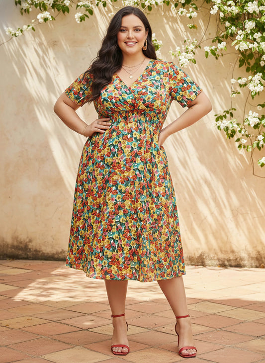Berrylush Women Plus Size Red, Yellow, & Green Floral Printed V-Neck Crepe Flared Wrap Midi Dress