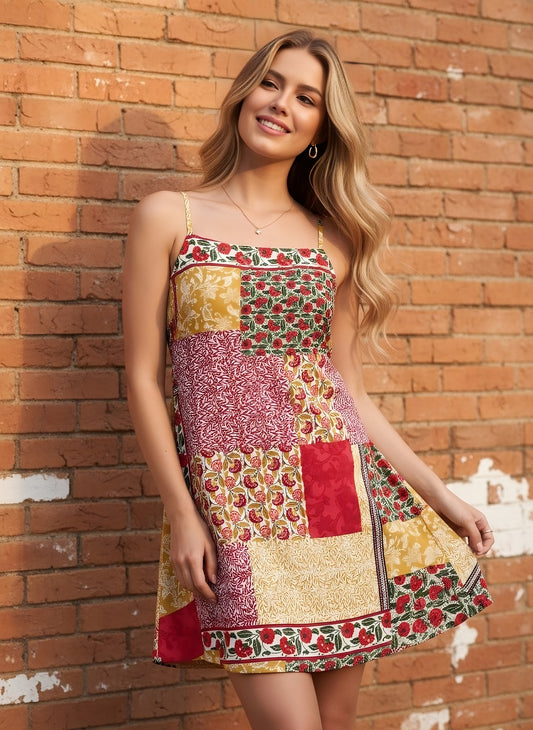 Berrylush Women Red & Yellow Floral Printed Square Neck Sleeveless Back Tie-Up Cutout Straight Hem Bodycon Mini Dress