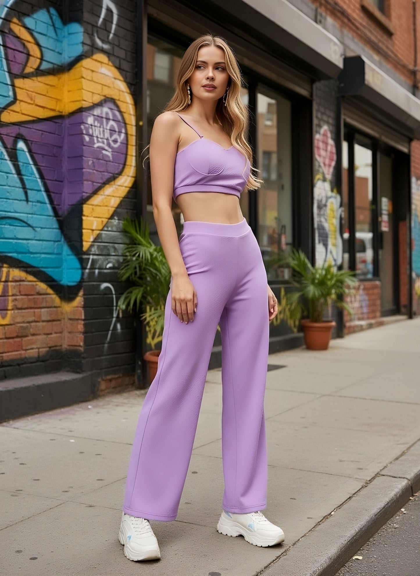 Berrylush Women Solid Purple Sweetheart Neck Sleeveless Cropped Top & High-Rise Waist Wide-Leg Maxi Trousers Co-Ord Set