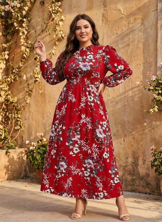 Berrylush Women Plus Size Red & White Floral Printed Mock Neck Smocked A-Line Maxi Dress