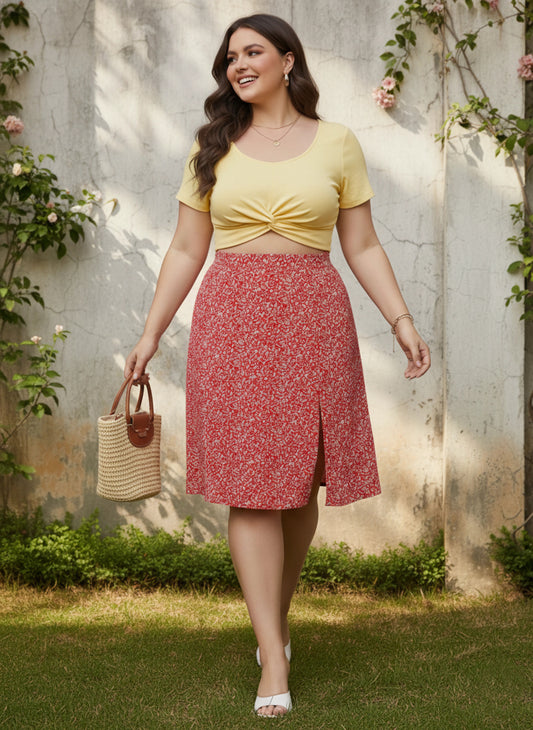 Berrylush Women Plus Size Red & White Floral Printed Thigh-High Slit Flared A-Line Midi Skirt