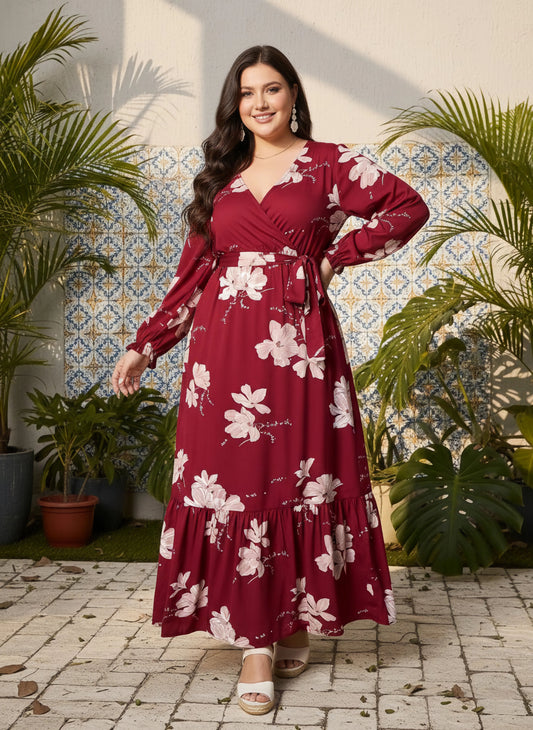 Berrylush Curve Women Maroon & Pink Floral Printed V-Neck Bishop Sleeves Waist Tie-Up Wrap Pleated Maxi Dress