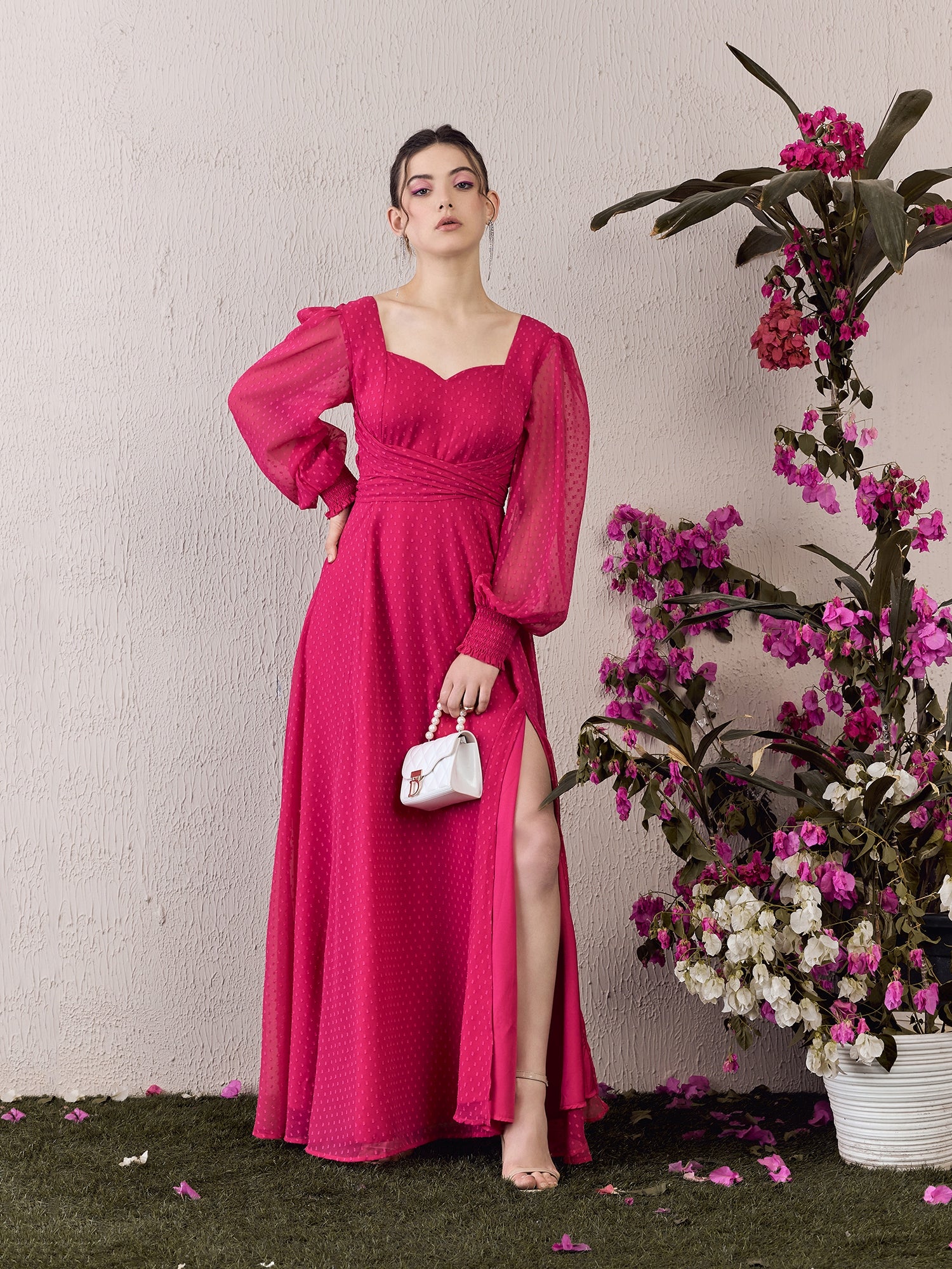 sweetheart neck maxi dress Women Solid Pink Dobby Weave Sweetheart Neck Bishop Sleeves Back Tie-Up Thigh-High Slit Pleated Maxi Dress