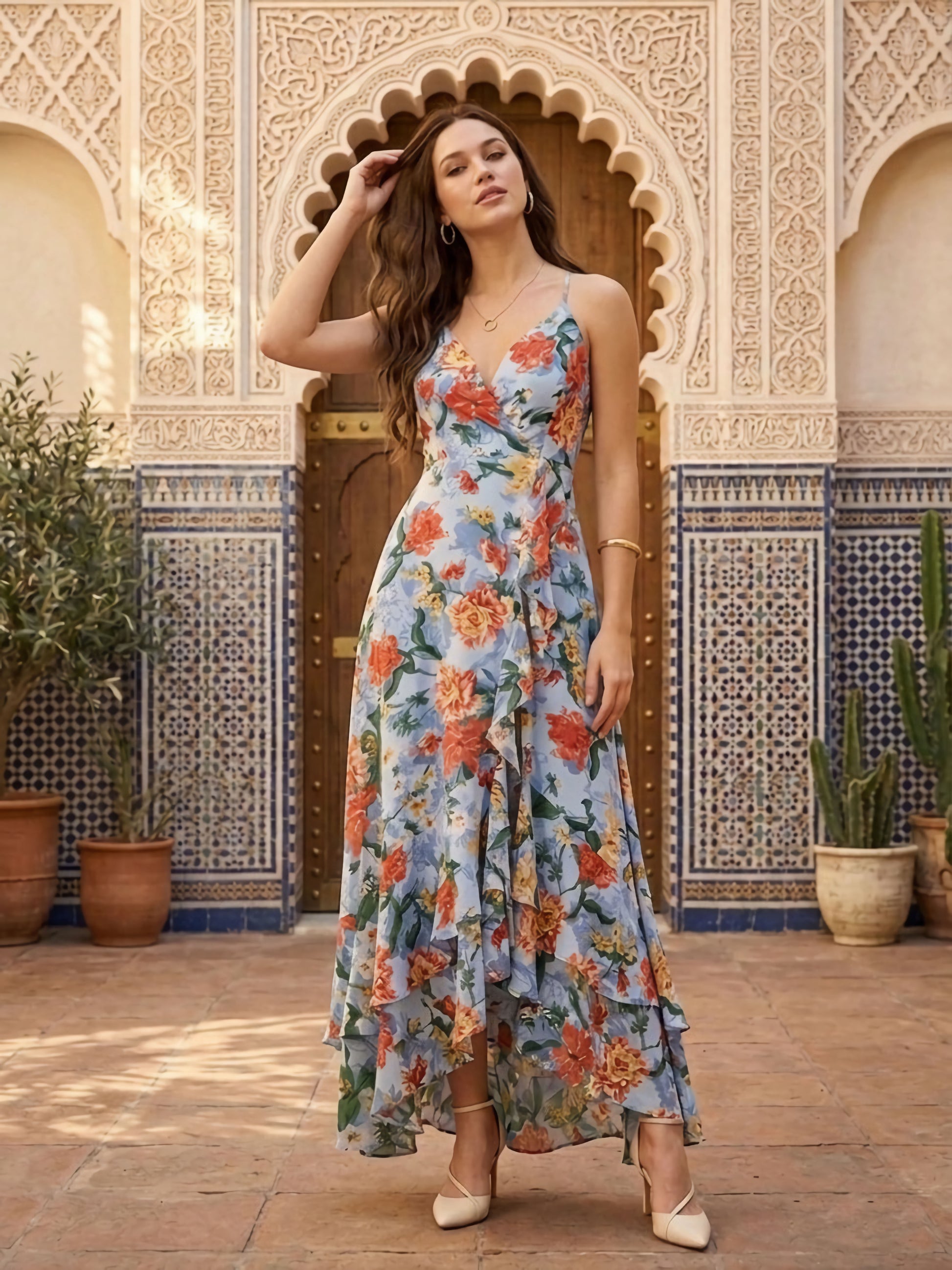 Berrylush Women Blue Floral Printed V-Neck Lace-Up Crepe Maxi Dress Berrylush Women Blue Floral Printed V-Neck Lace-Up Crepe Maxi Dress