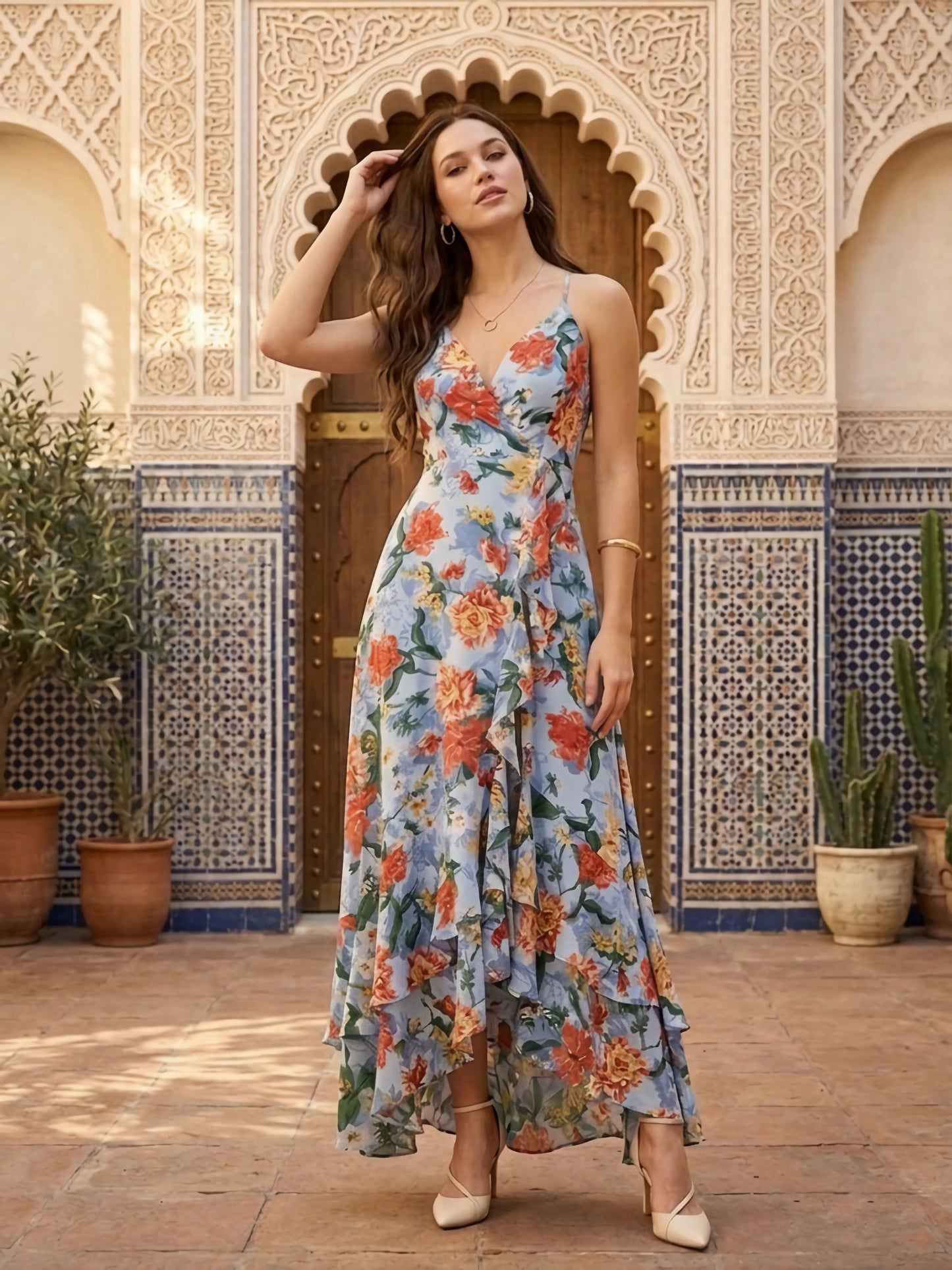 Berrylush Women Blue Floral Printed V-Neck Lace-Up Crepe Maxi Dress