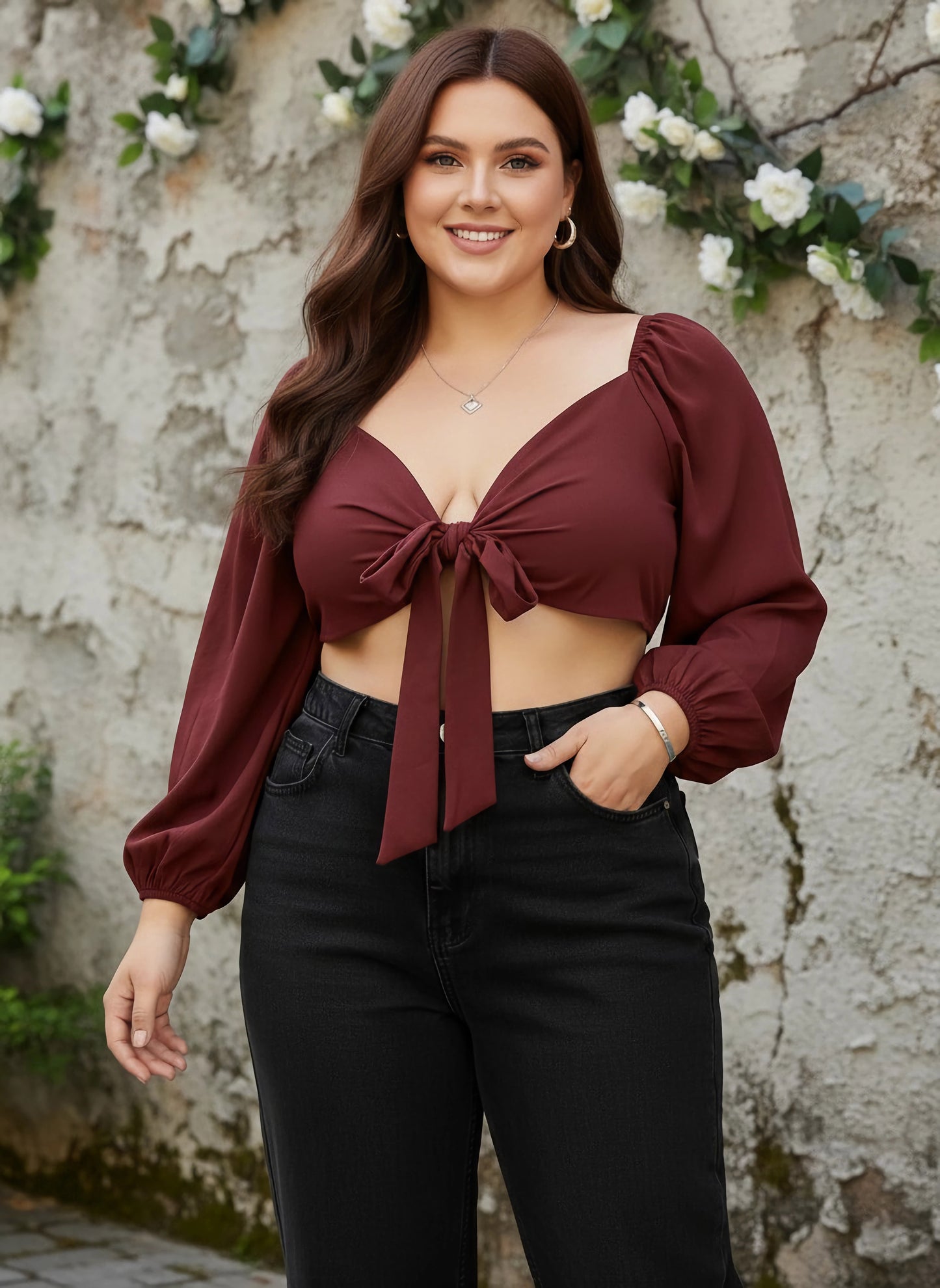 Berrylush Women Plus Size Solid Maroon Sweetheart Neck Front Tie-Up Cropped Top