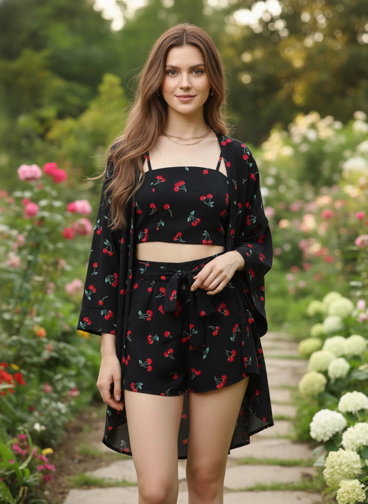 Berrylush Women Black & Red Cherry Printed Square Neck Crop Top & Tie-Up Front Shorts With Shrug