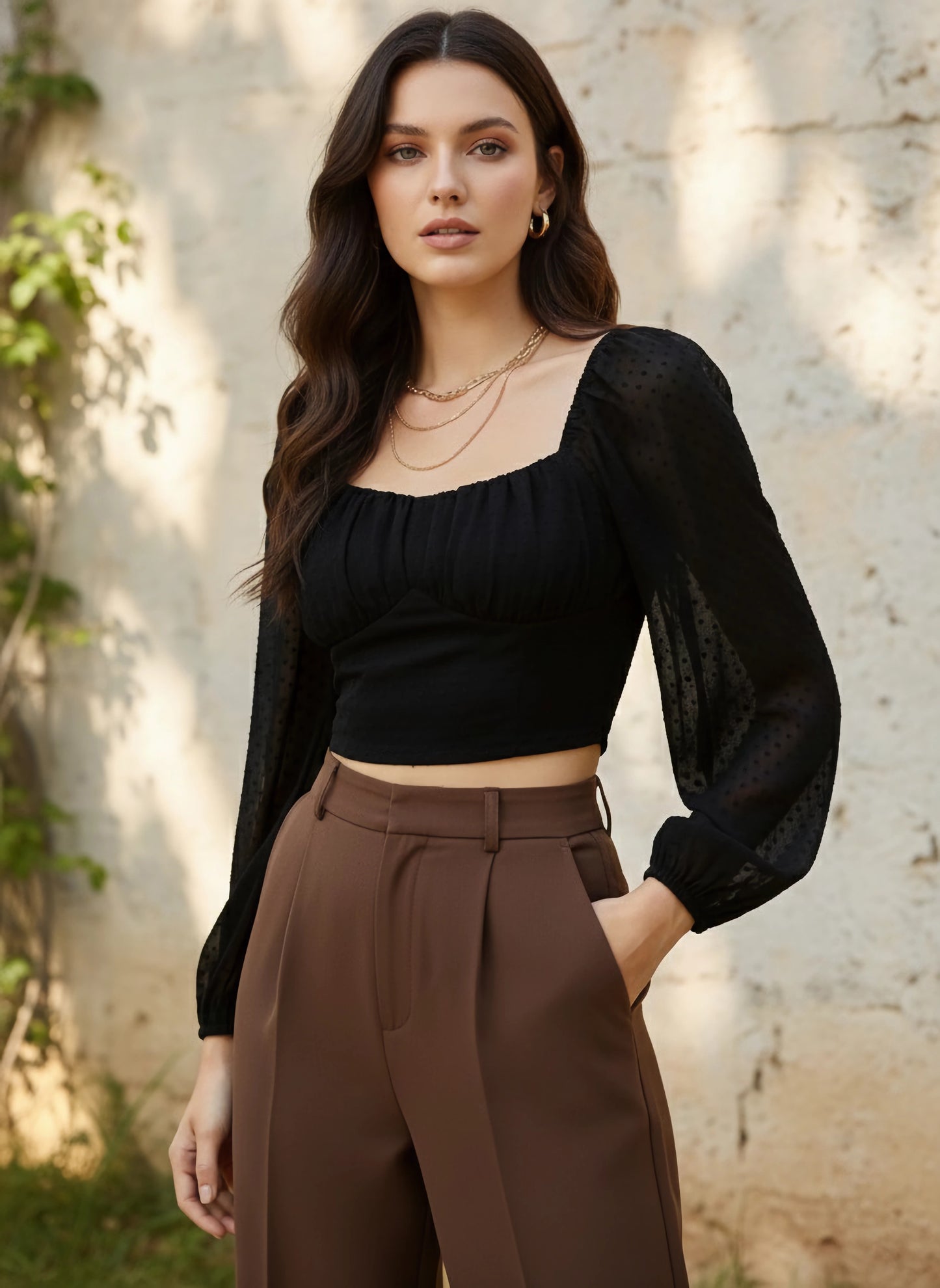 Berrylush Women Solid Black Dobby Weave Sweetheart Neck Puff Sleeve Crepe Smocked Crop Top