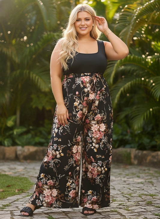 Berrylush Curve Women Black Floral Printed Square Neck Sleeveless Scoop Back Waist Tie-Up Wide-Leg Pleated Maxi Jumpsuit