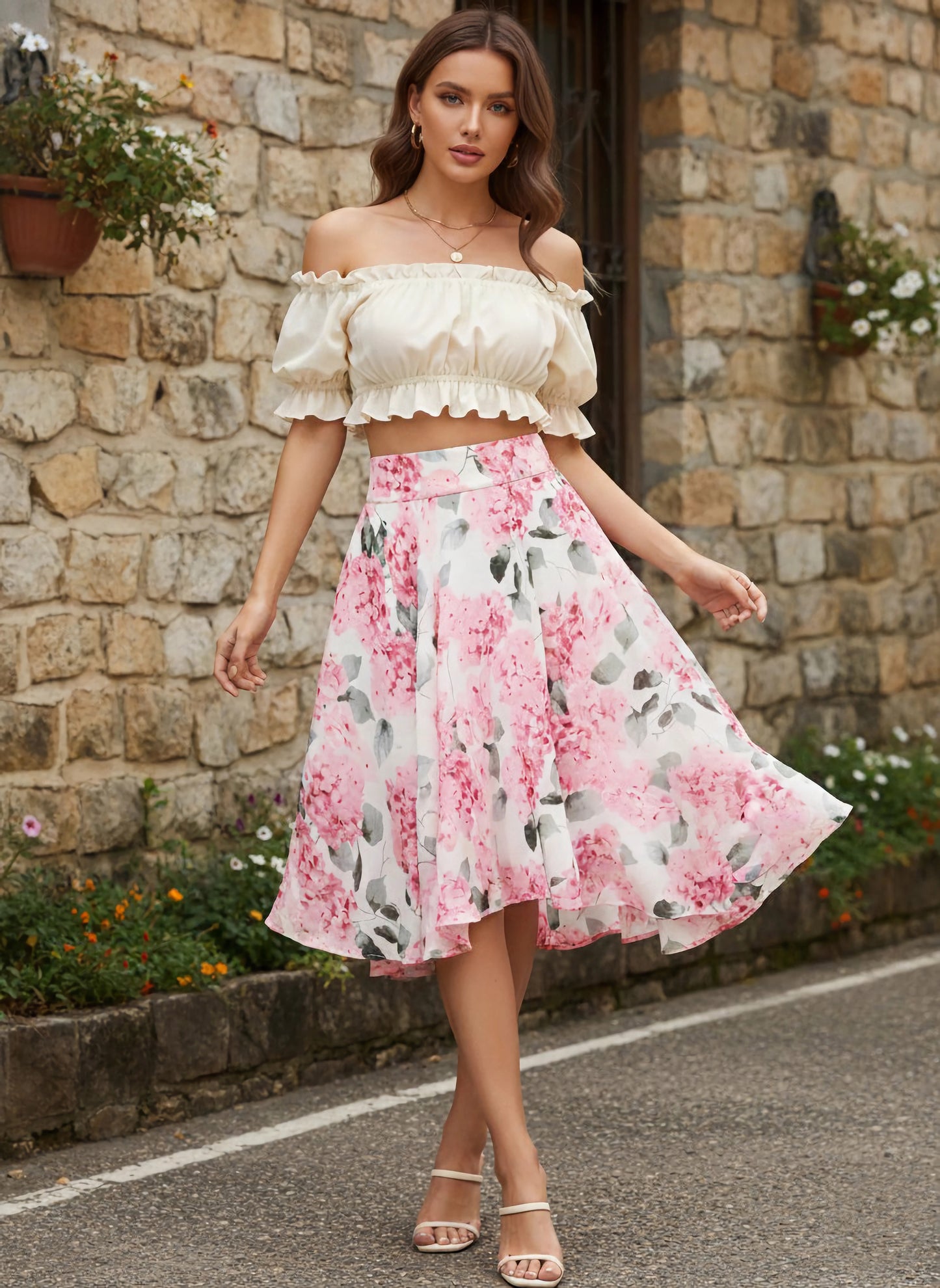 Berrylush Women White & Pink Floral Printed High-Rise Waist Georgette Back Zipper-Up Pleated A-Line Midi Skirt