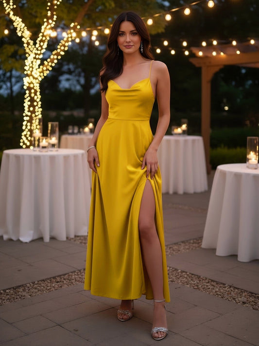 Berrylush Women Solid Yellow Cowl Neck Sleeveless Lace-Up Backless Thigh-High Slit Flared Maxi Dress