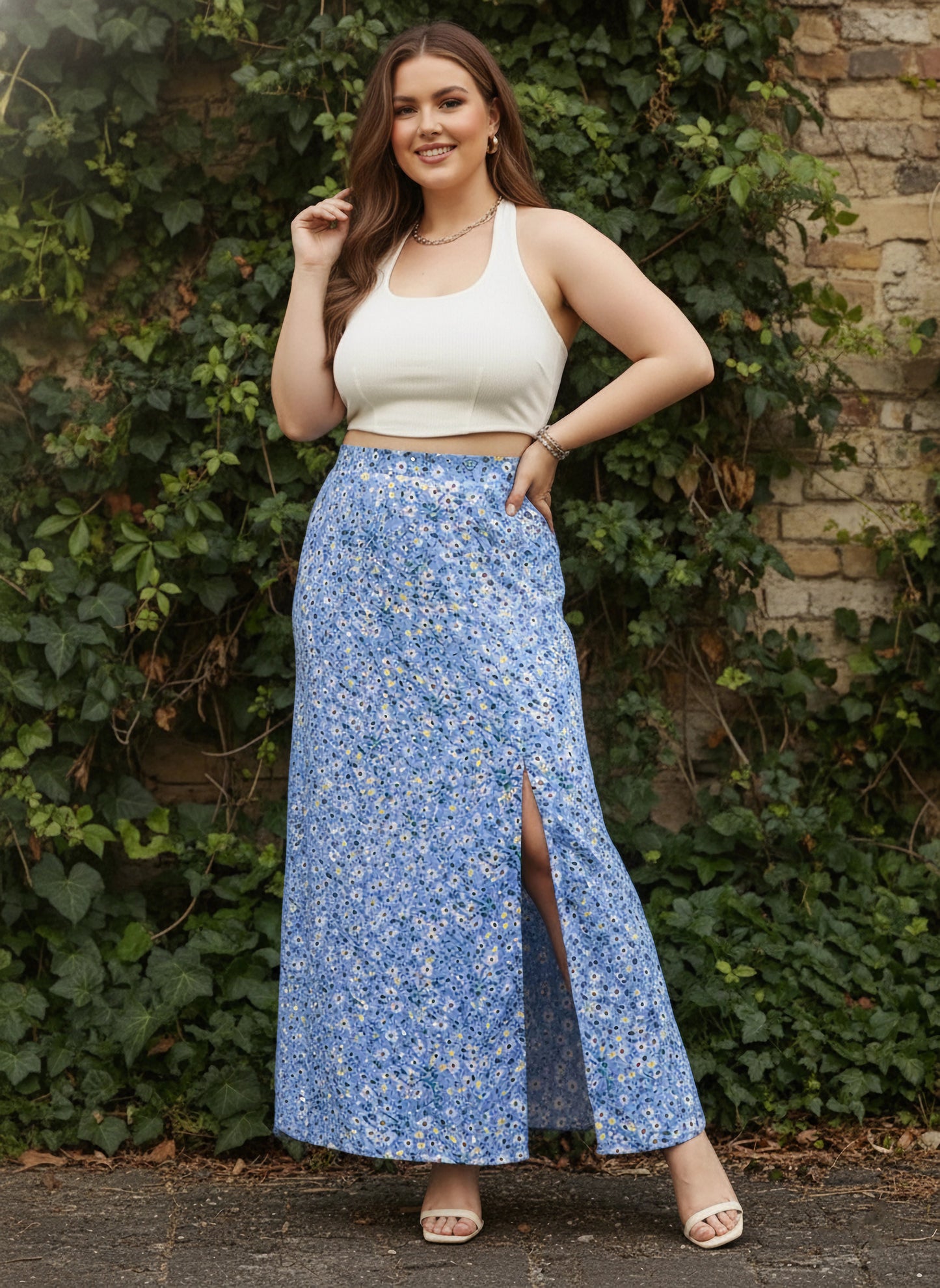 Berrylush Curve Women Blue Floral Print High-Rise A-Line Maxi Skirt