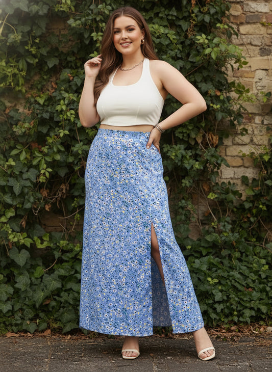 Berrylush Curve Women Blue Floral Print High-Rise A-Line Maxi Skirt