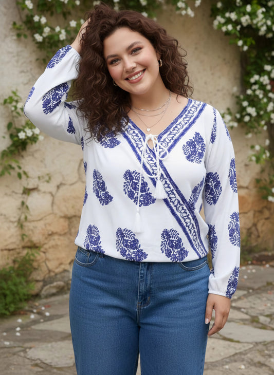 Berrylush Women Plus Size White & Blue Paisley Printed V-Neck Front Tie-Up Semi-Sheer Regular Blouson Top