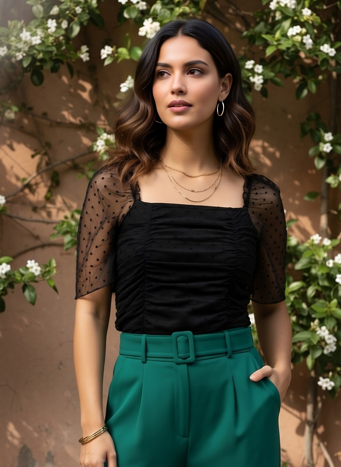 Berrylush Women Solid Black Dobby Weave Square Neck Puff Sleeve Pleated Regular Top