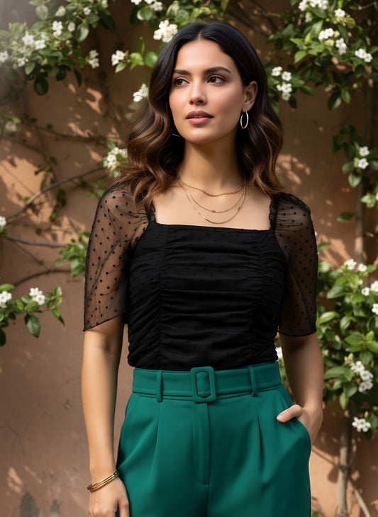 Berrylush Women Solid Black Dobby Weave Square Neck Puff Sleeve Pleated Regular Top