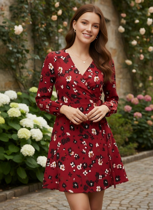 Berrylush Women Red & Black Floral Printed V-Neck Fit & Flare Wrap Mini Dress