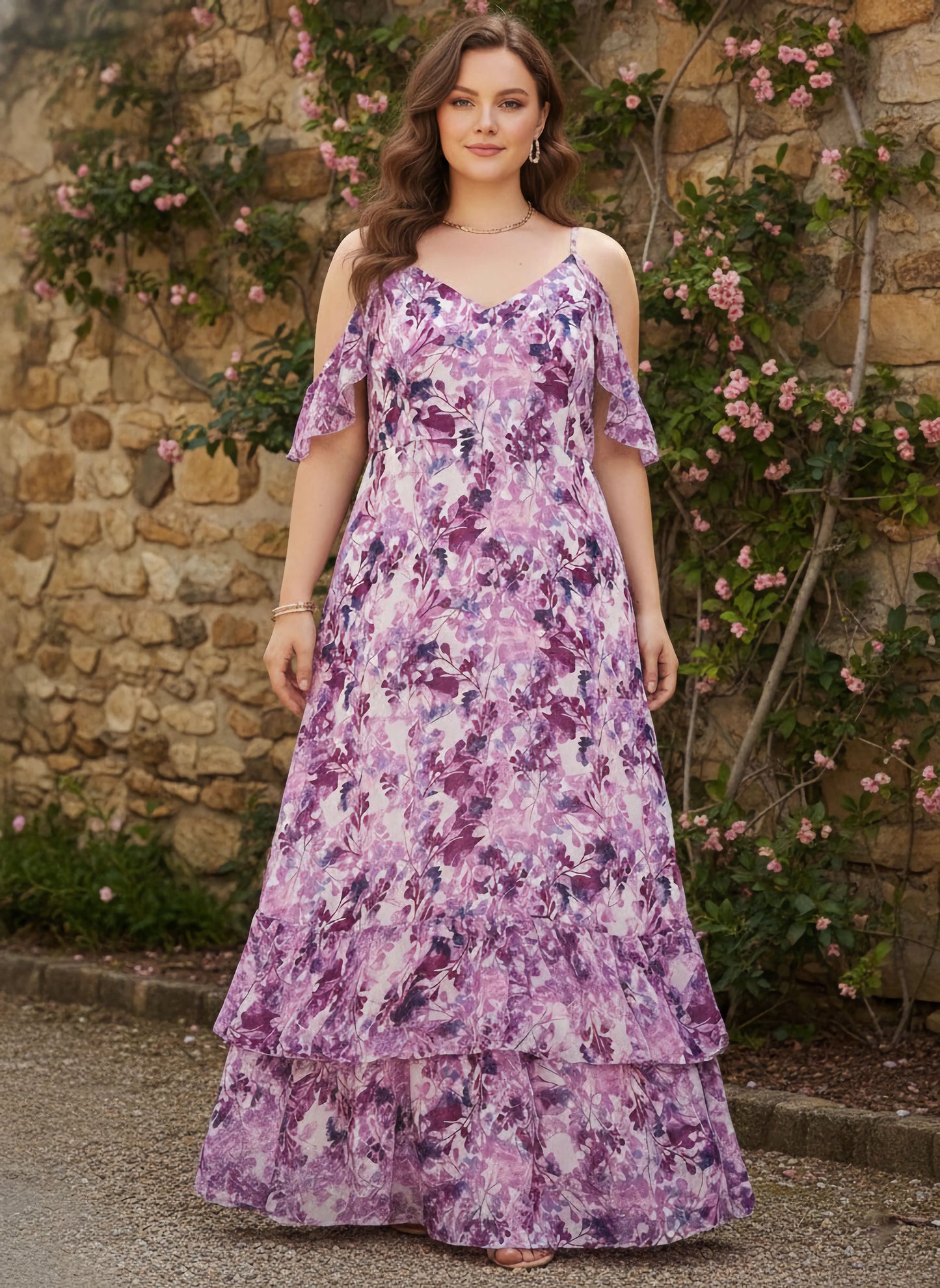 Plus Size White, Purple, & Navy Blue Floral Printed V-Neck Cold-Shoulder Sleeve Backless Georgette Layered Maxi Dress
