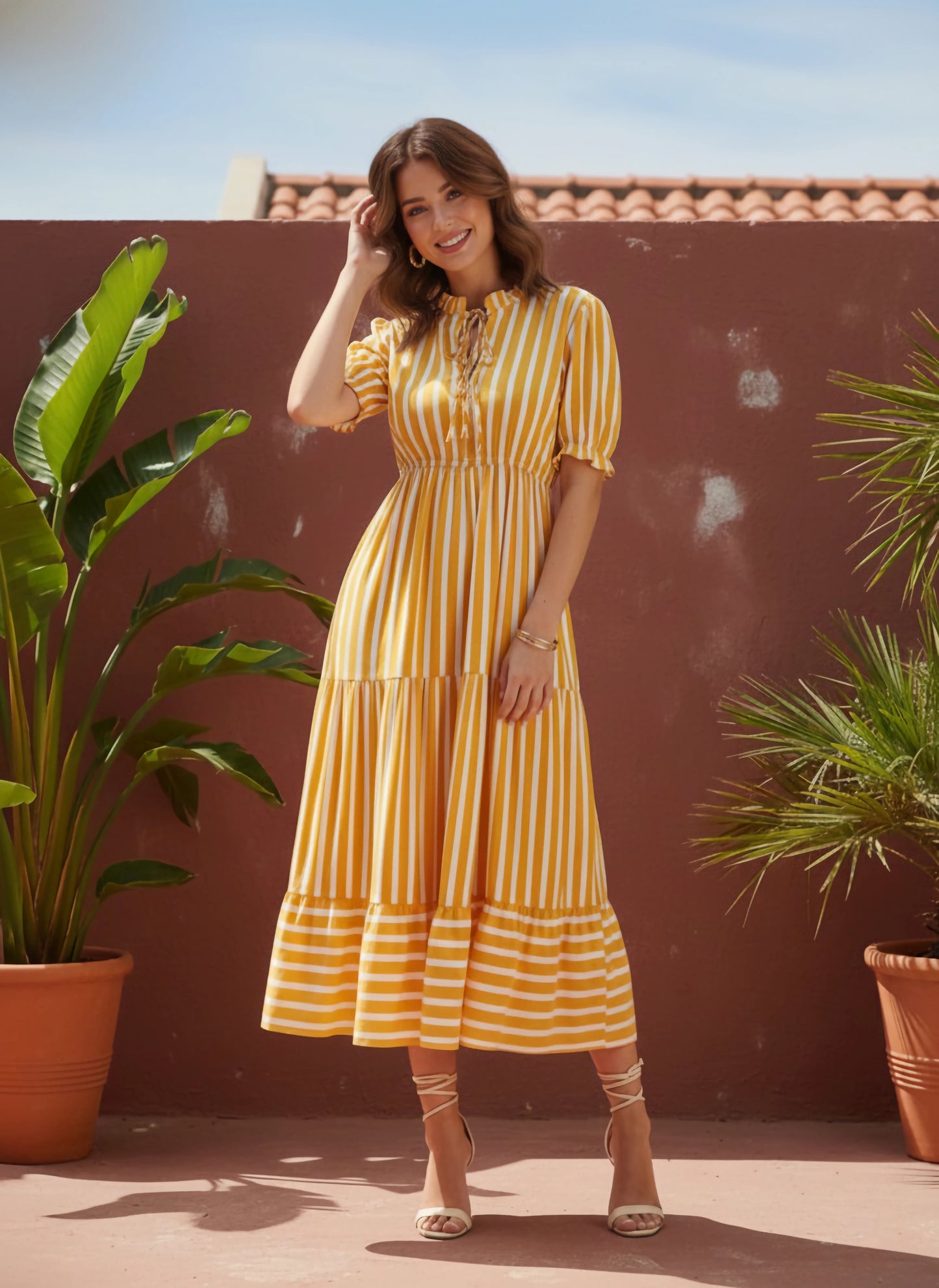 Berrylush Women Yellow & White Vertical Striped Print Tie-Up Neck Flutter Sleeve Viscose Rayon Layered Maxi Dress