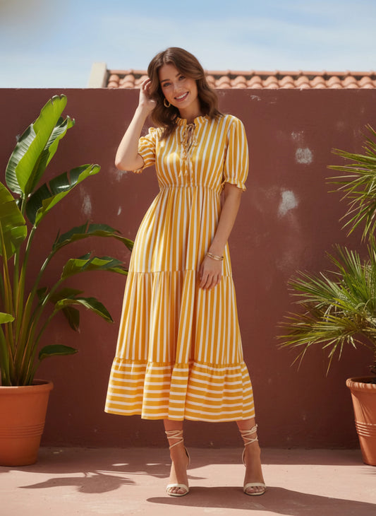 Berrylush Women Yellow & White Vertical Striped Print Tie-Up Neck Flutter Sleeve Viscose Rayon Layered Maxi Dress