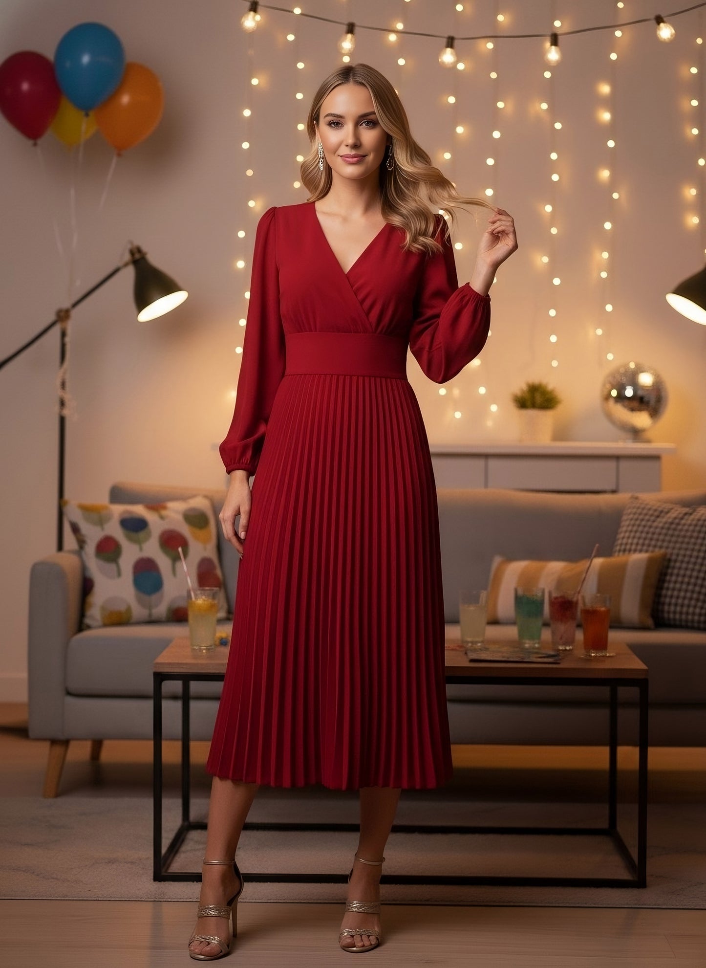 Berrylush Women Solid Red V-Neck Puff Sleeves Wrap Pleated A-Line Midi Dress