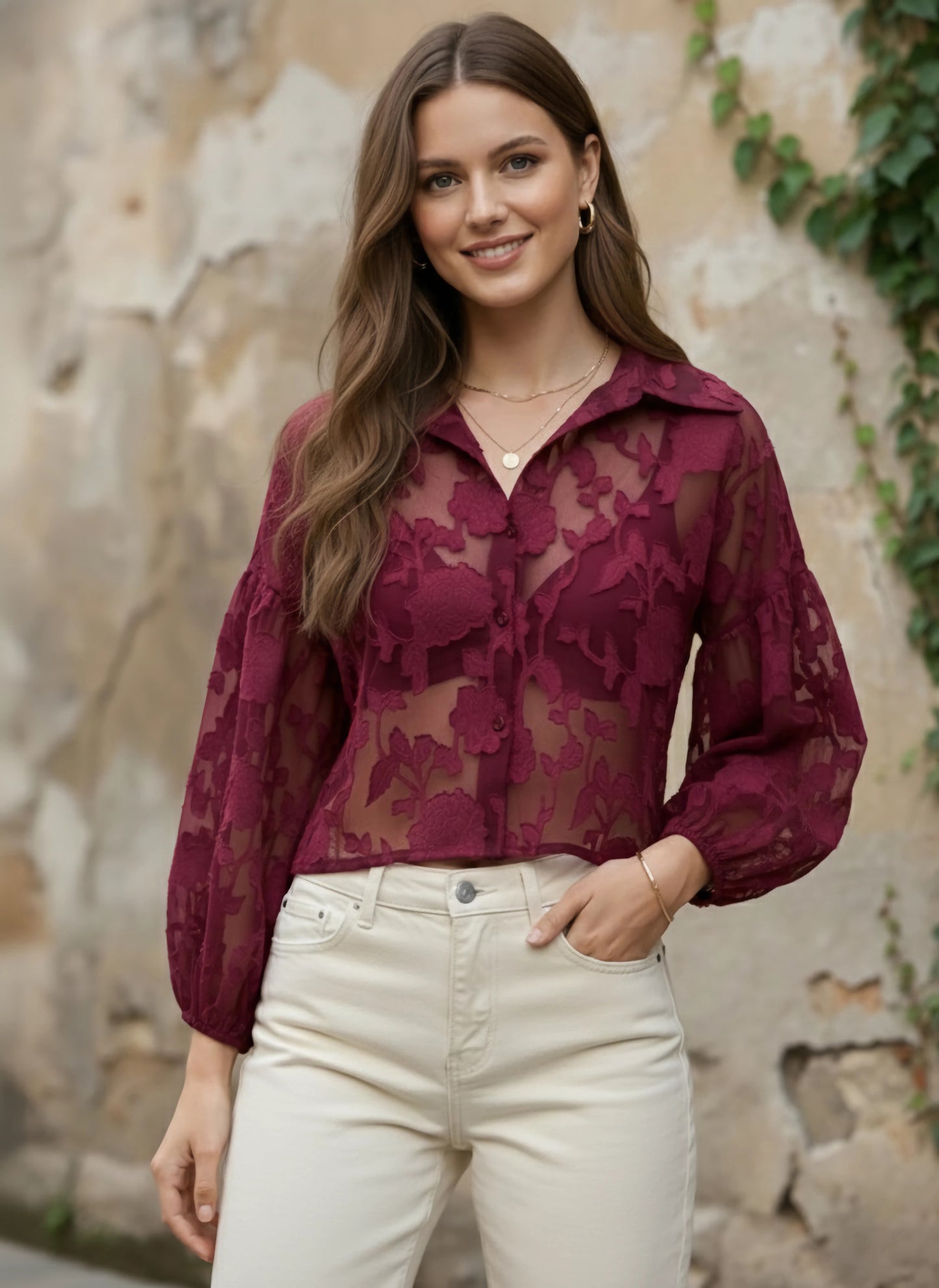 Berrylush Women Maroon Floral Printed Spread Collar Neck Bishop Sleeves Button-Up Regular Top