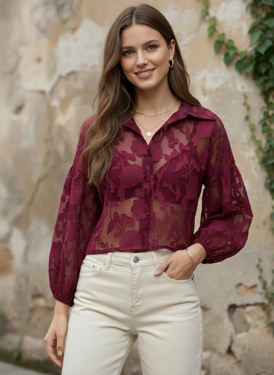 Berrylush Women Maroon Floral Printed Spread Collar Neck Bishop Sleeves Button-Up Regular Top