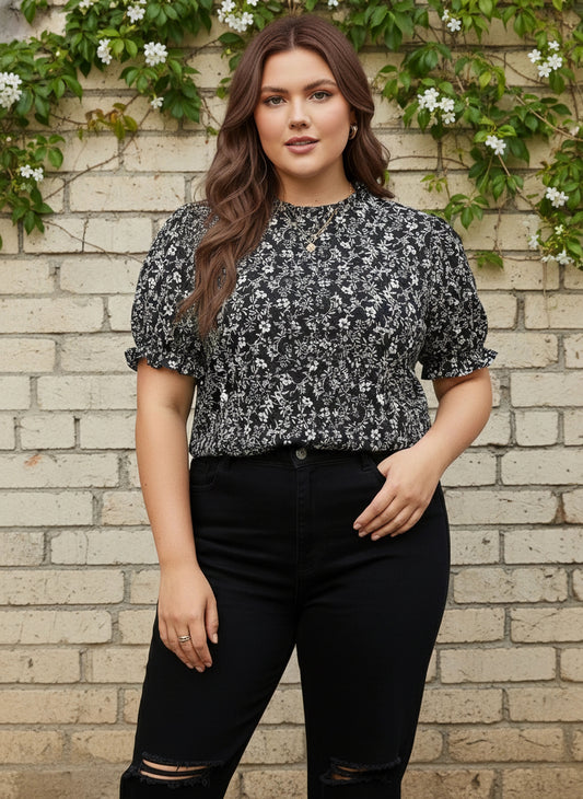 Berrylush Women Plus Size Black & White Floral Printed Round Neck Crepe Pleated Regular Top