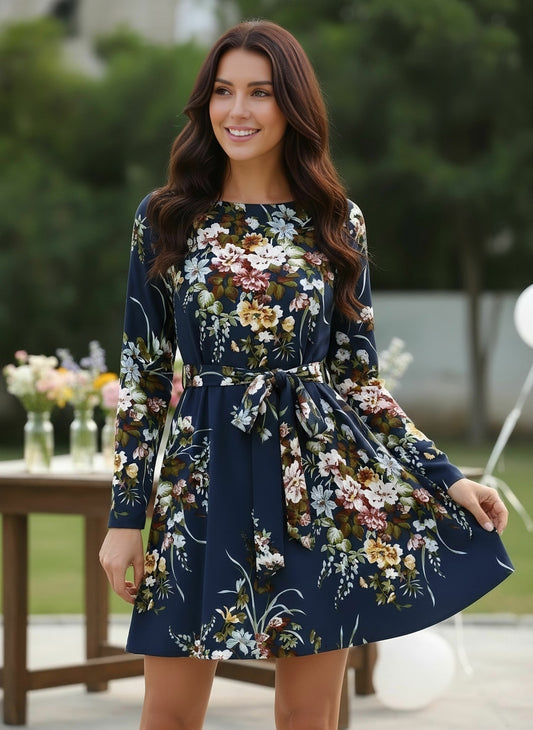Berrylush Women Navy Blue Floral Belted Fit & Flare Mini Dress