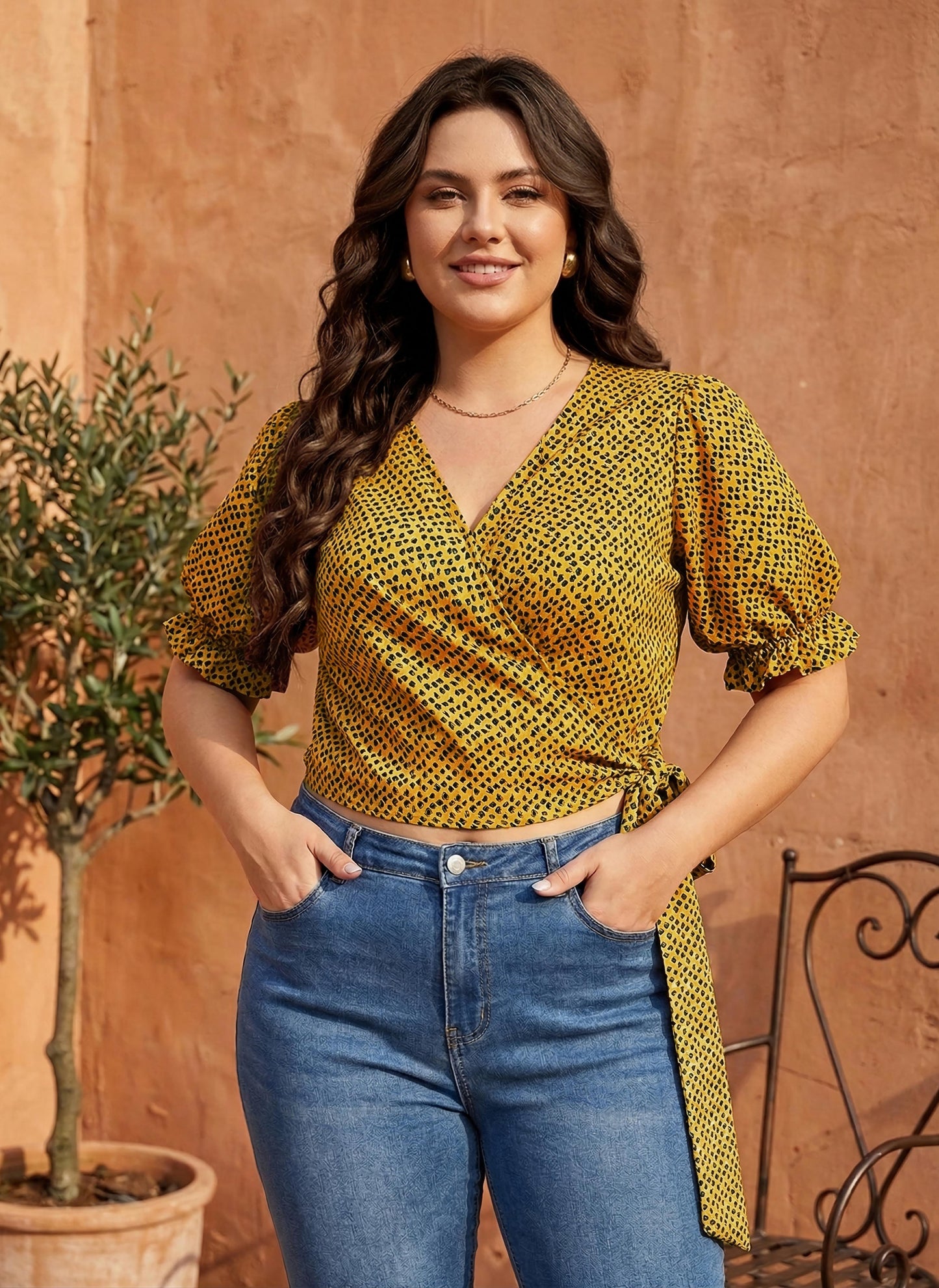 Berrylush Women Yellow & Black Animal Printed V-Neck Waist Tie-Up Crepe Wrap Crop Top