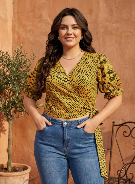 Berrylush Women Yellow & Black Animal Printed V-Neck Waist Tie-Up Crepe Wrap Crop Top