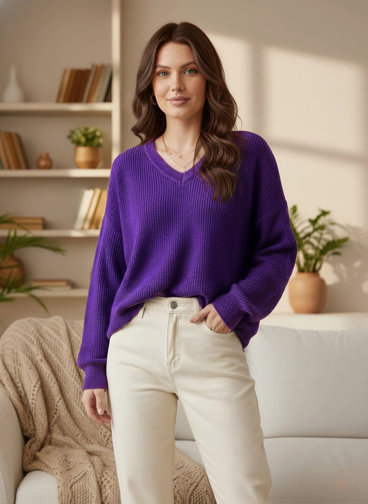 Berrylush Women Solid Purple V-Neck Acrylic Straight Hem Regular Pullover
